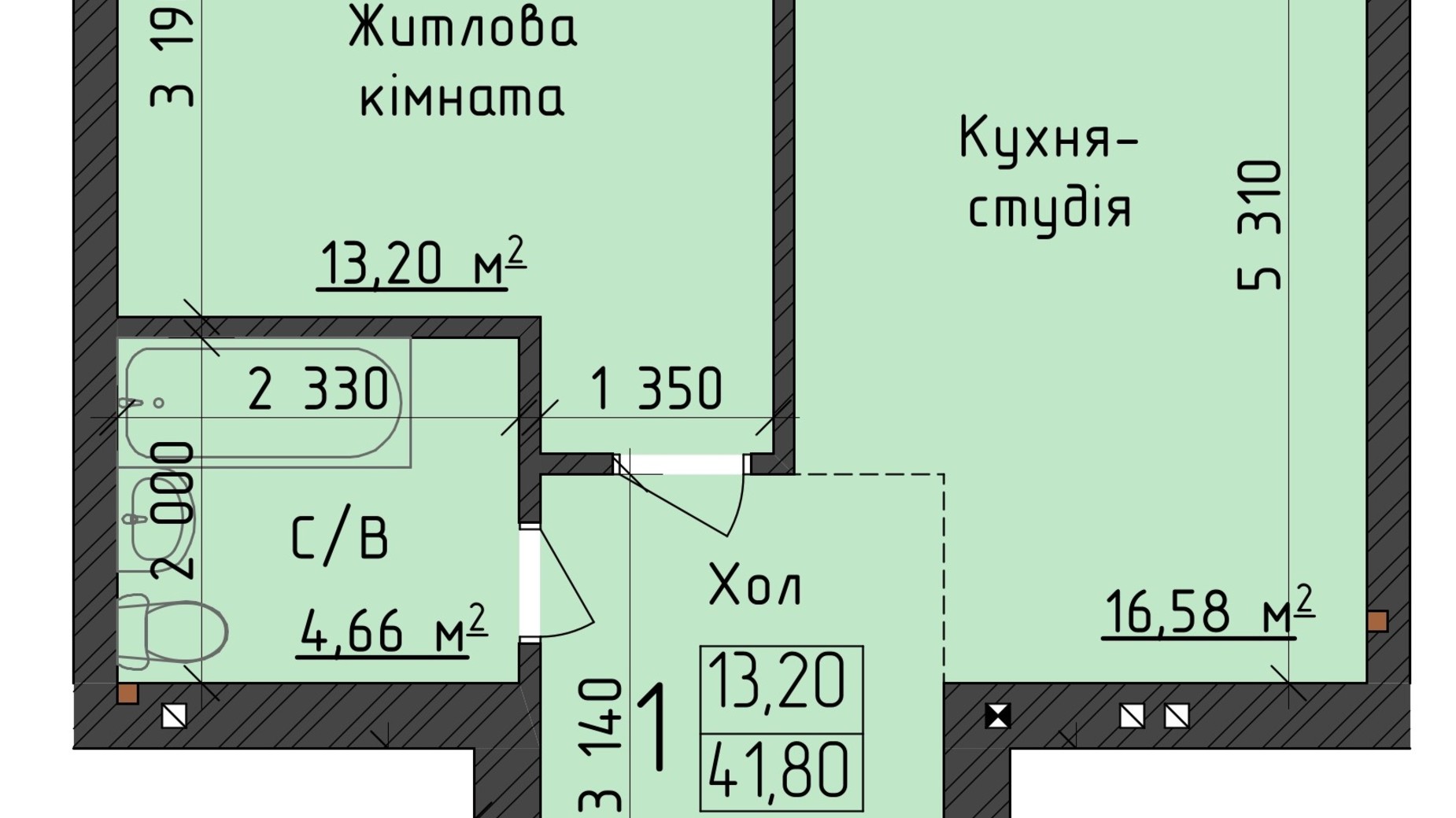 Планування 1-кімнатної квартири в ЖК ClubHouse 41.8 м², фото 386848