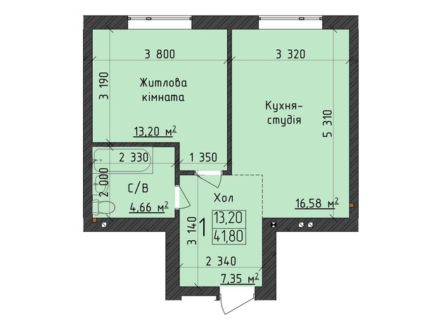 ЖК ClubHouse: планування 1-кімнатної квартири 41.8 м²