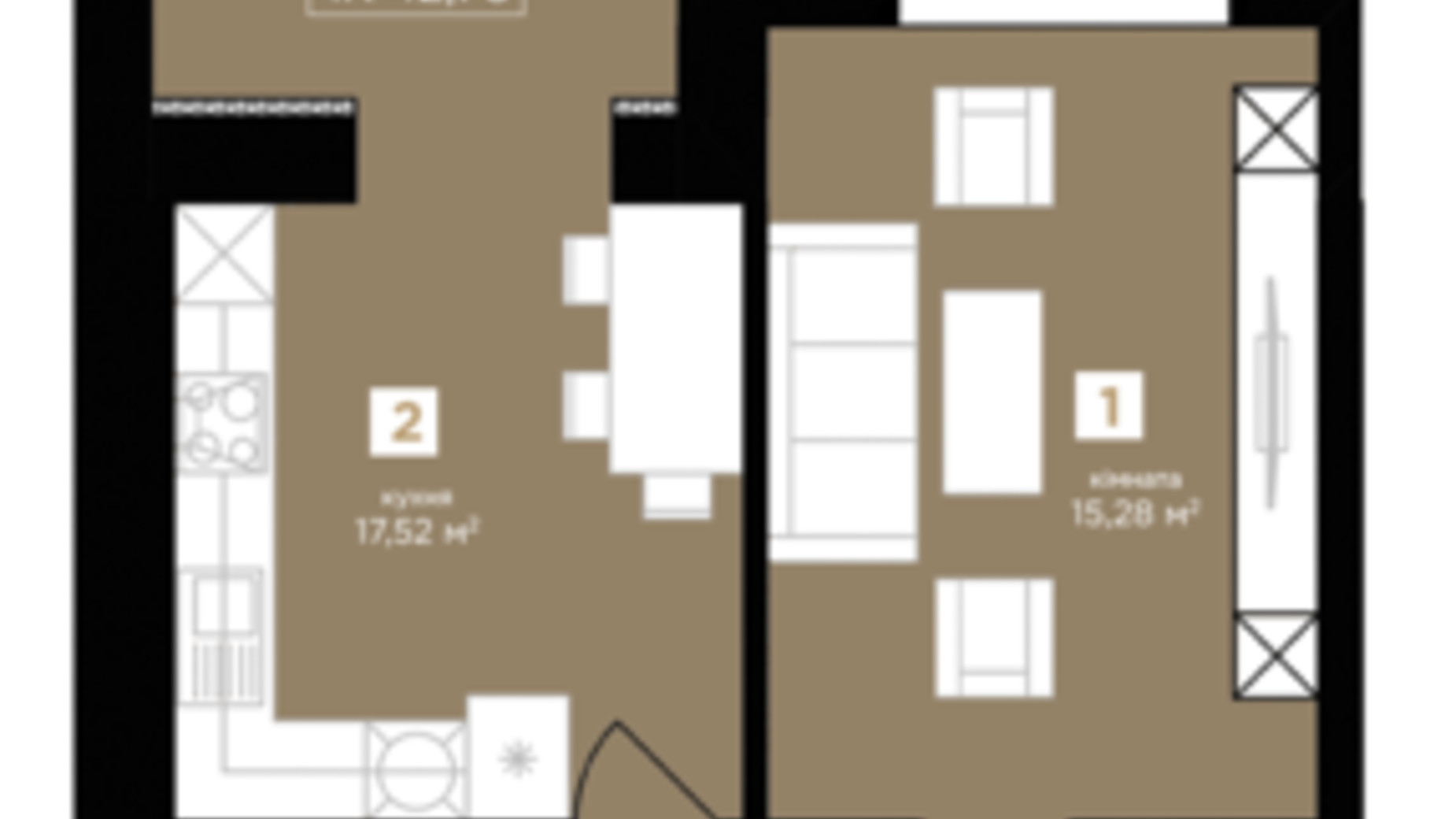 Планування 1-кімнатної квартири в ЖК Парковий 42.7 м², фото 386873