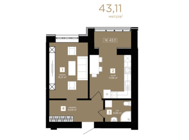 ЖК Парковий: планування 1-кімнатної квартири 43.11 м²