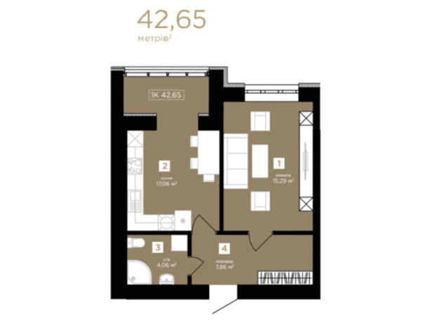 ЖК Парковий: планування 1-кімнатної квартири 42.65 м²