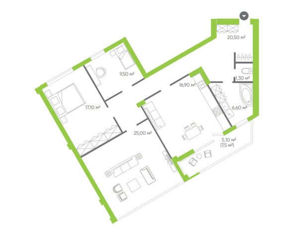 ЖК Оселя парк: планування 3-кімнатної квартири 106.3 м²