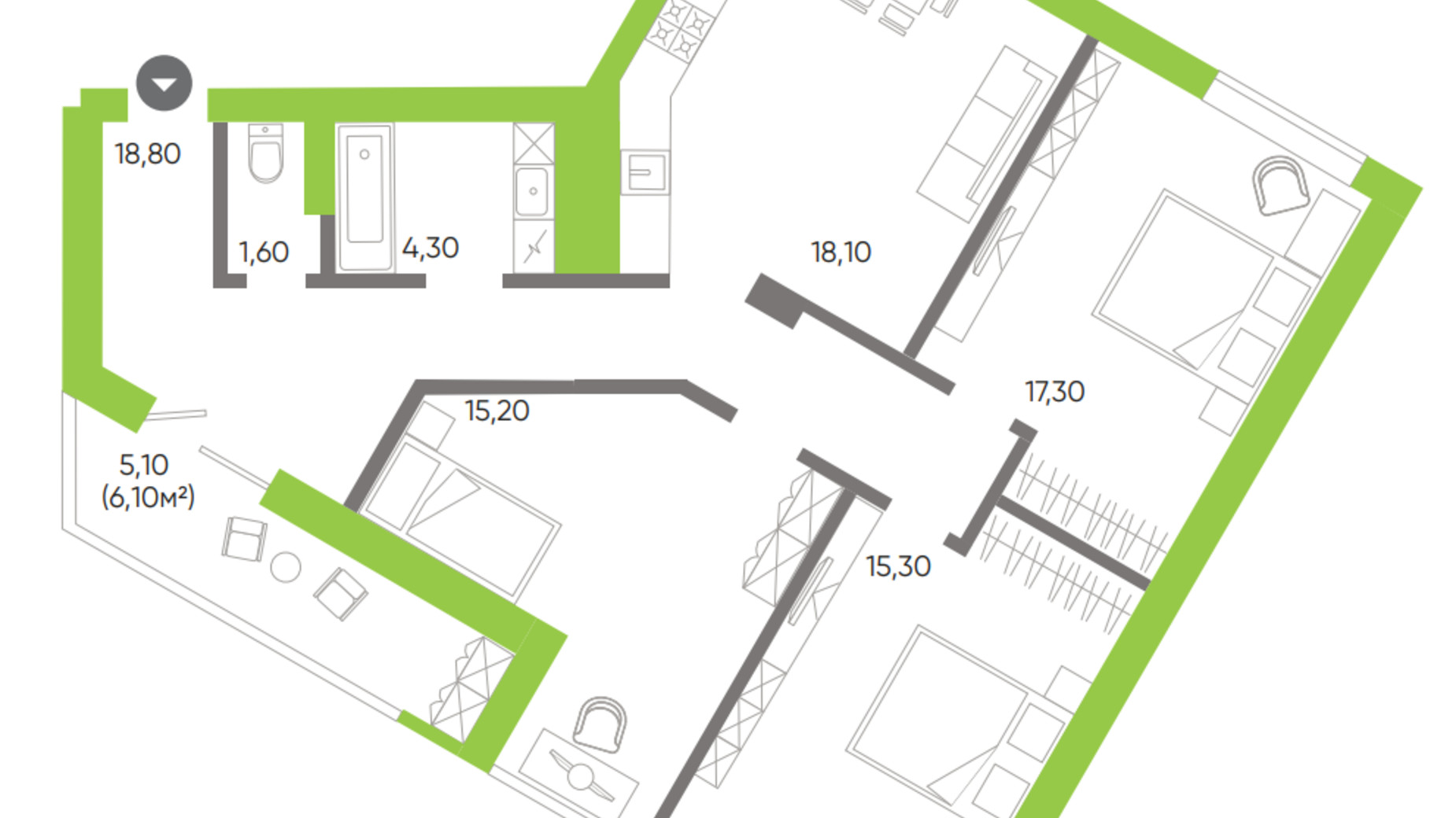 Планування 3-кімнатної квартири в ЖК Оселя парк 95.7 м², фото 387492
