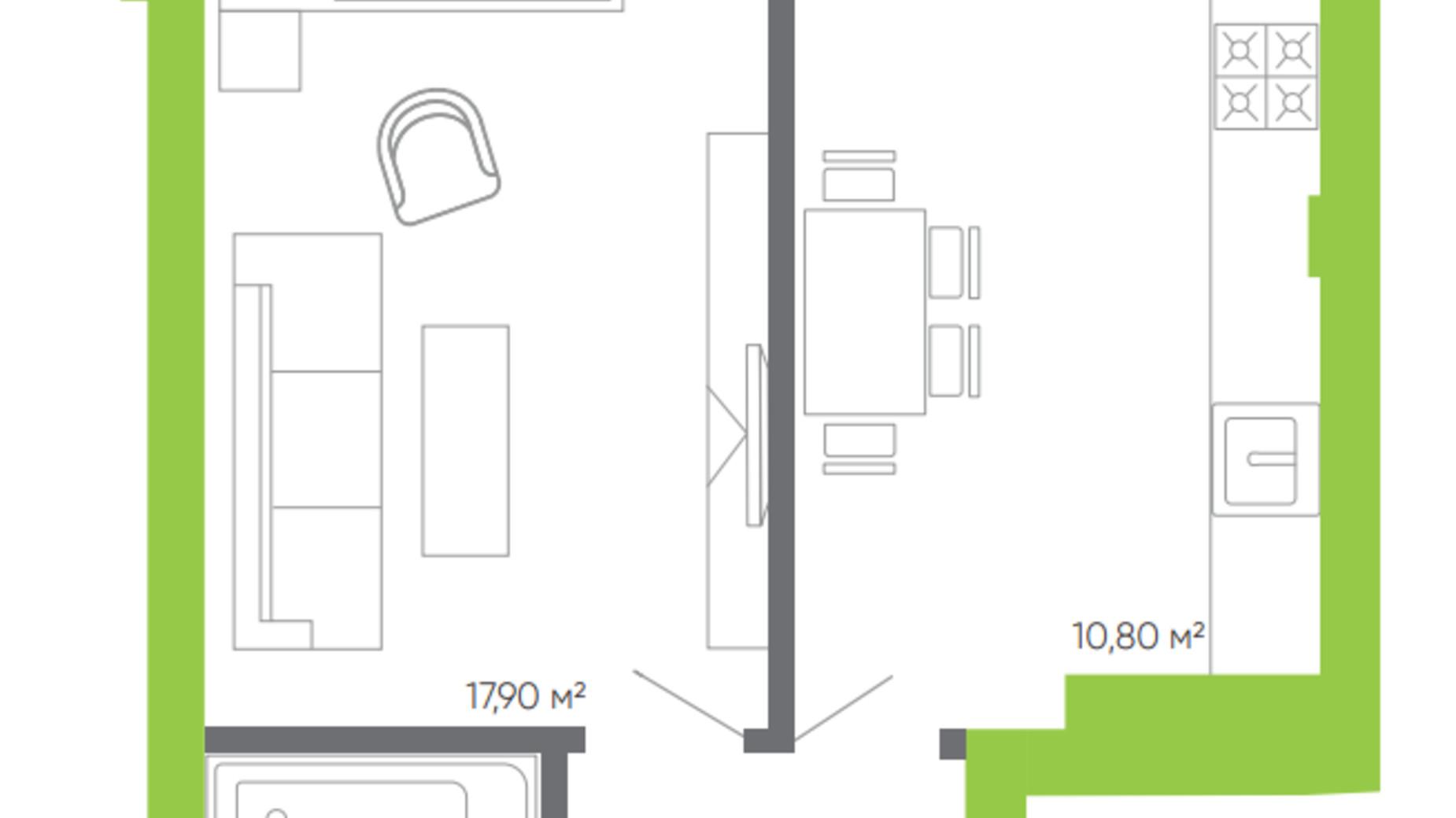 Планування 1-кімнатної квартири в ЖК Оселя парк 41.4 м², фото 387517