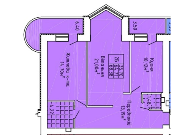 ЖК Краєвид Верховини: планування 2-кімнатної квартири 67.5 м²