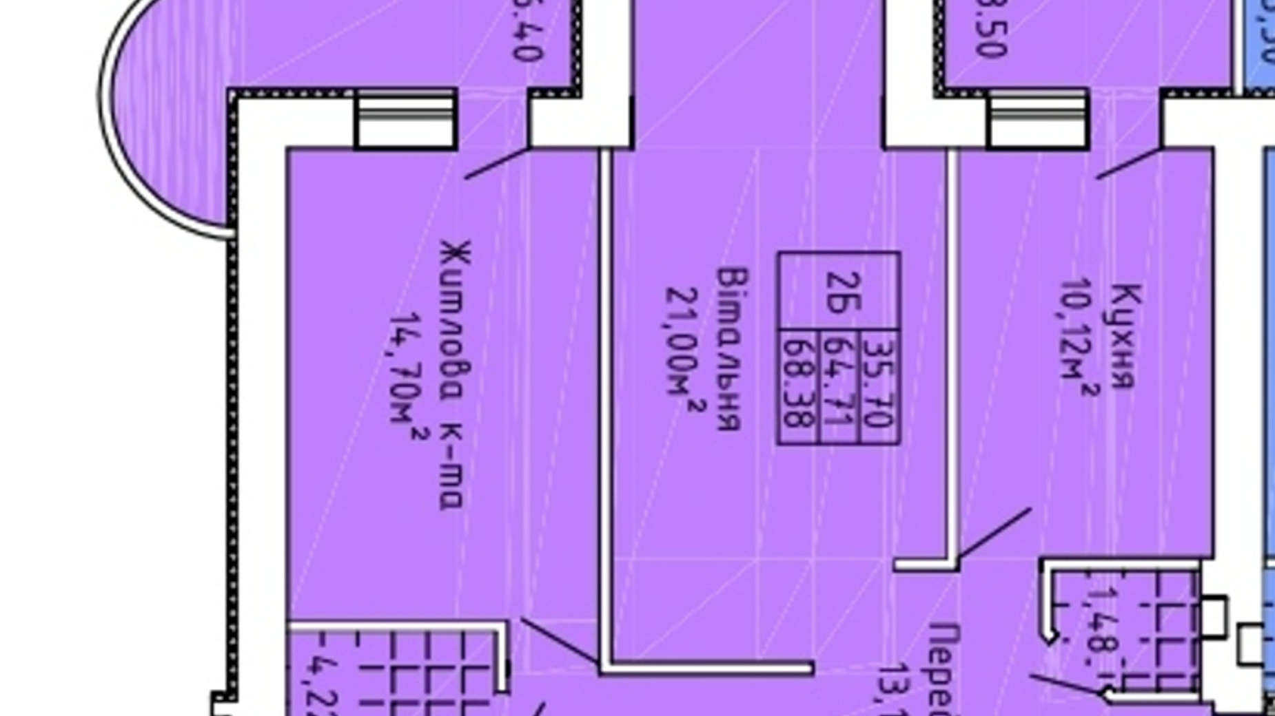 Планування 2-кімнатної квартири в ЖК Краєвид Верховини 68.2 м², фото 387826