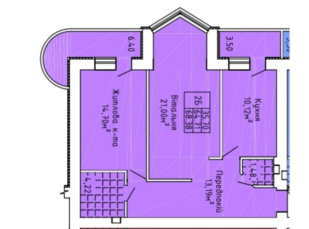 ЖК Краєвид Верховини: планування 2-кімнатної квартири 68.2 м²