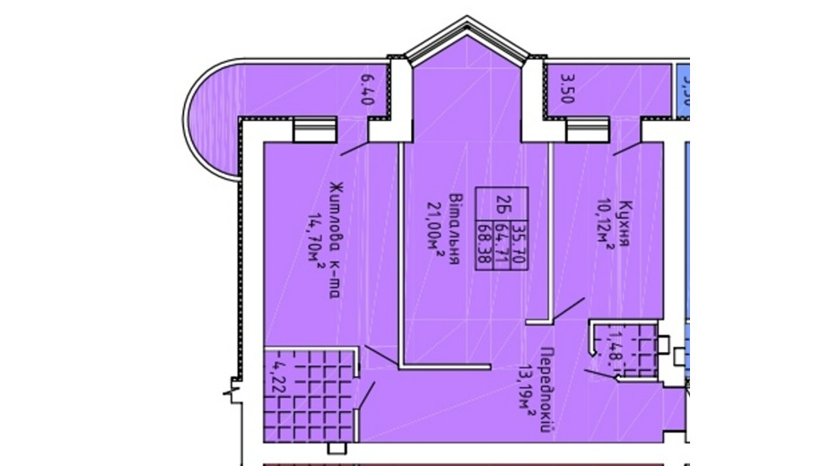 Планування 2-кімнатної квартири в ЖК вул. Жаб'євська, 56б 68.2 м², фото 387826