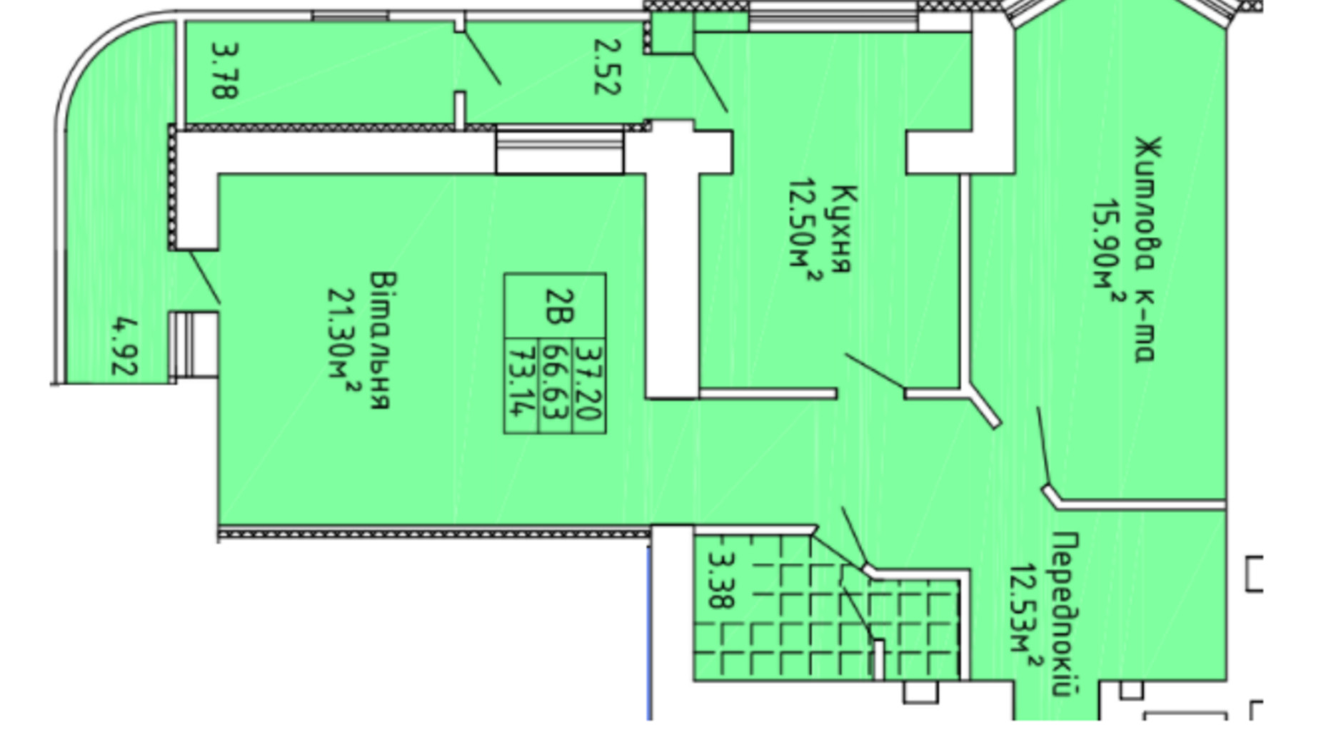 Планування 2-кімнатної квартири в ЖК Краєвид Верховини 70.1 м², фото 387828