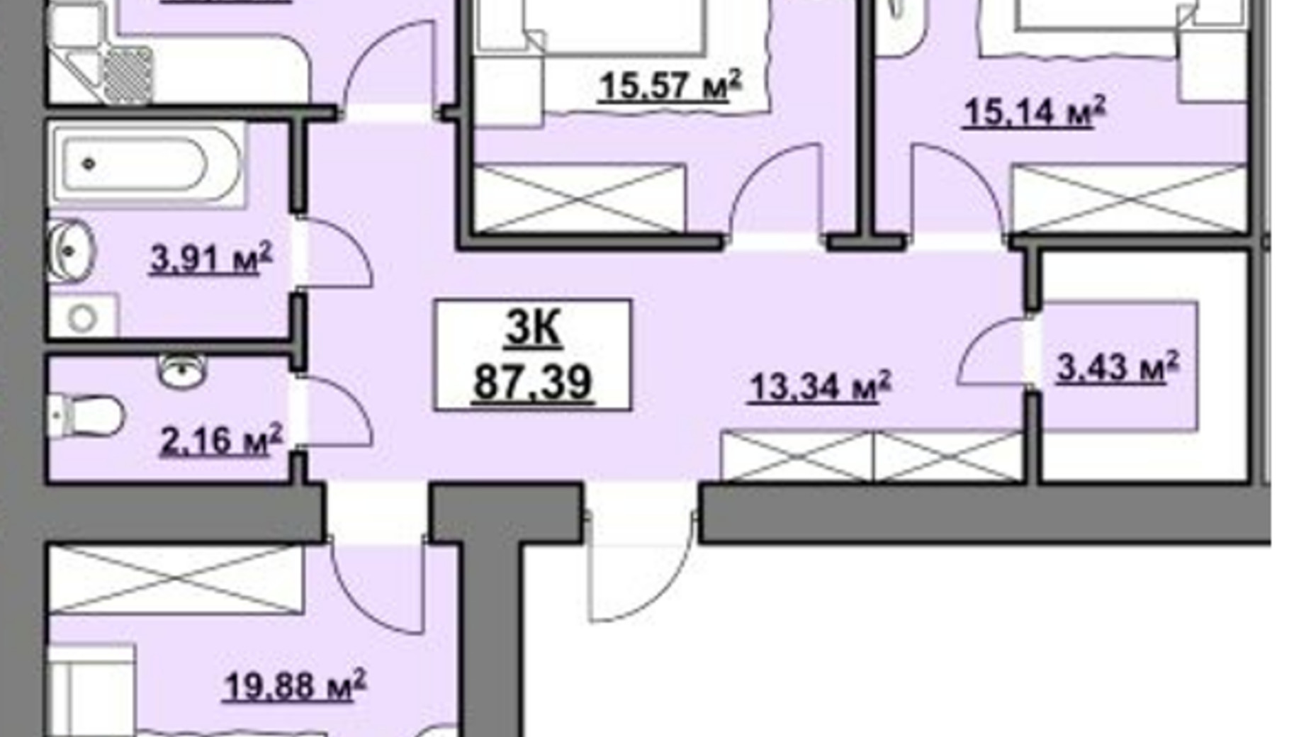 Планування 3-кімнатної квартири в ЖК на Німецькому озері  87.39 м², фото 387939