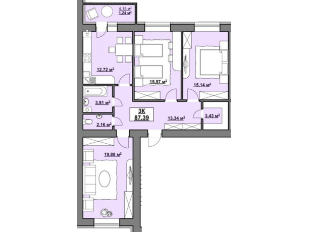 ЖК на Немецком Озере: планировка 3-комнатной квартиры 87.39 м²