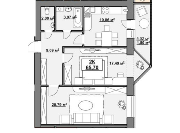ЖК на Німецькому озері : планування 2-кімнатної квартири 65.7 м²