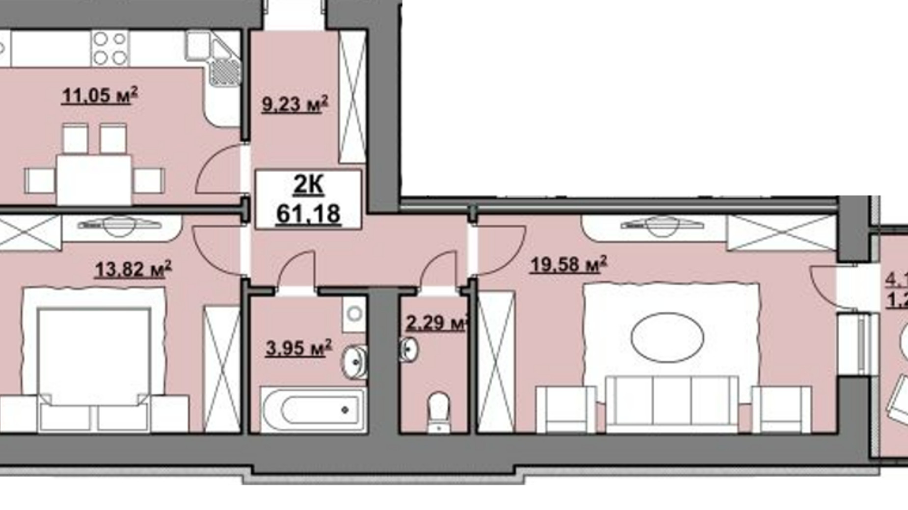 Планировка 2-комнатной квартиры в ЖК на Немецком Озере 61.18 м², фото 387945