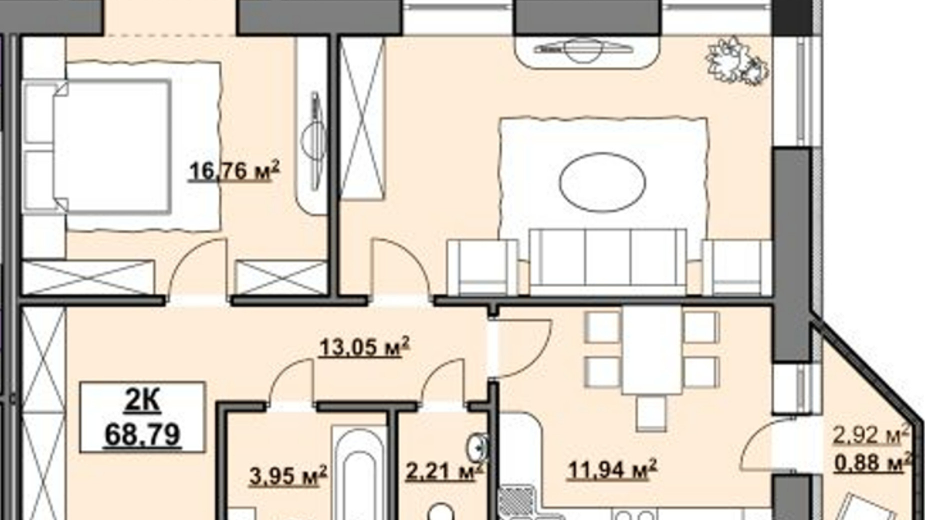 Планировка 2-комнатной квартиры в ЖК на Немецком Озере 68.79 м², фото 387946