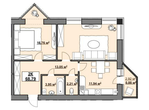 ЖК на Німецькому озері : планування 2-кімнатної квартири 68.79 м²