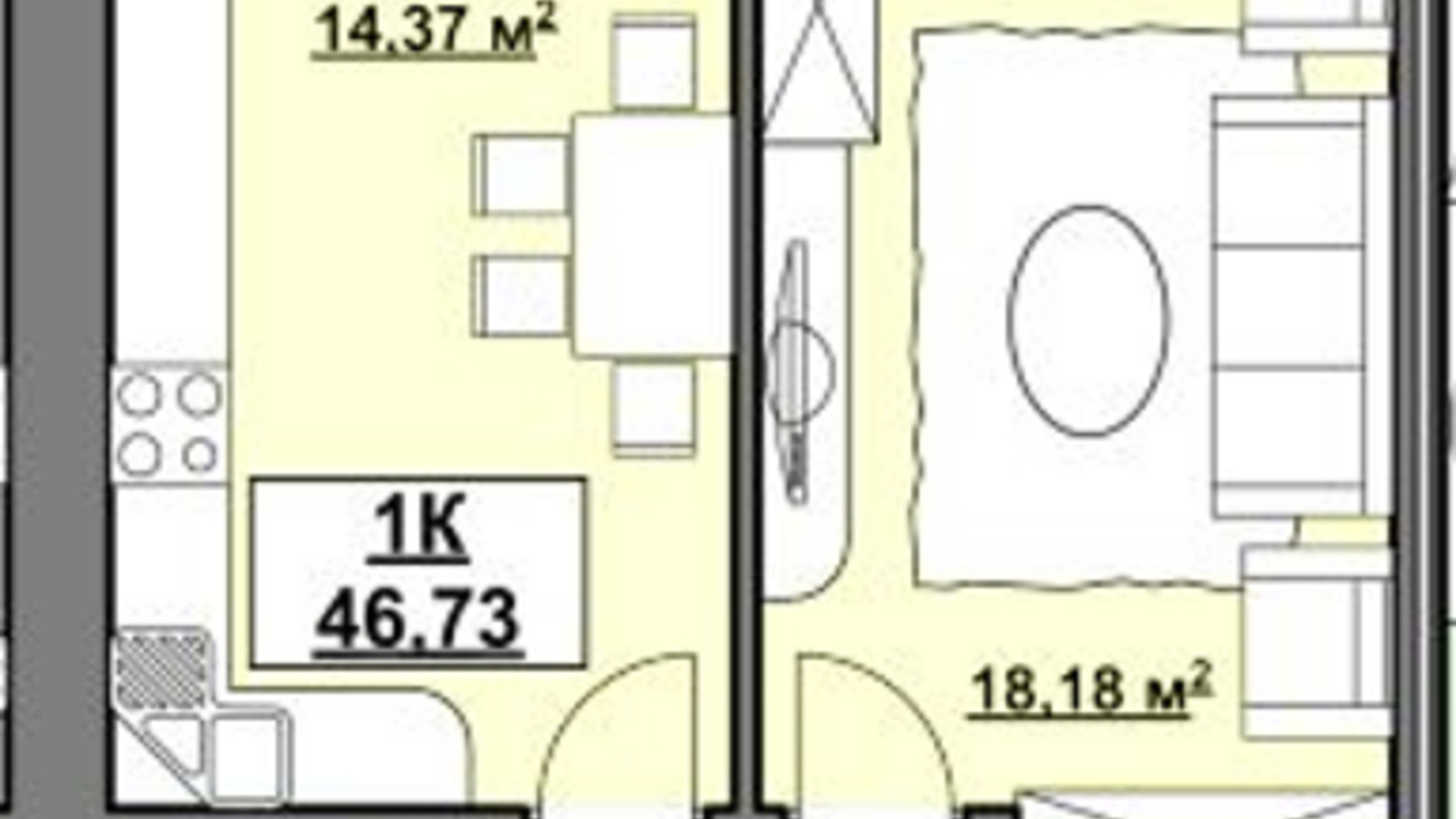 Планировка 1-комнатной квартиры в ЖК на Немецком Озере 46.73 м², фото 387947