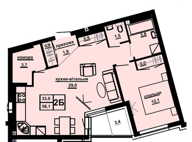 ЖК Доминиканский: планировка 2-комнатной квартиры 58.1 м²