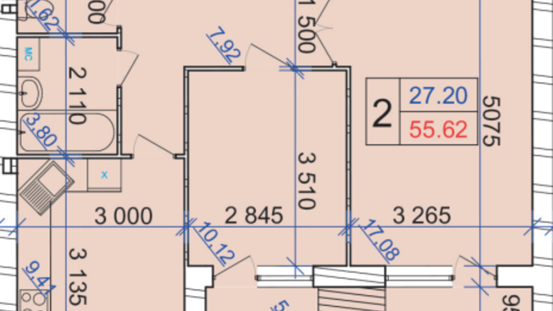 Планування 2-кімнатної квартири в ЖК Grand Royal 55.62 м², фото 388221