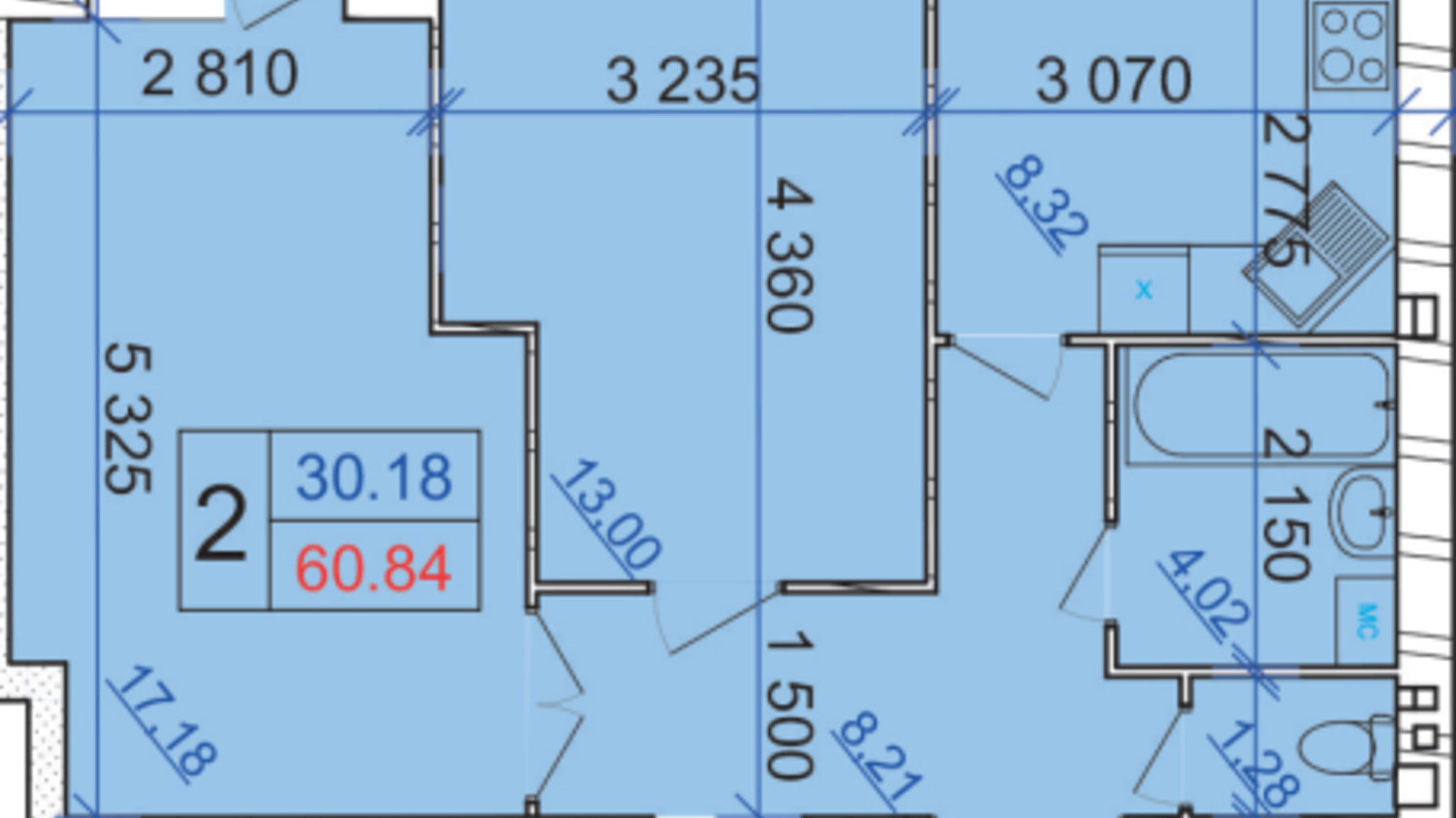 Планування 2-кімнатної квартири в ЖК Grand Royal 60.84 м², фото 388224