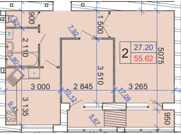 ЖК Grand Royal: планировка 2-комнатной квартиры 55.62 м²