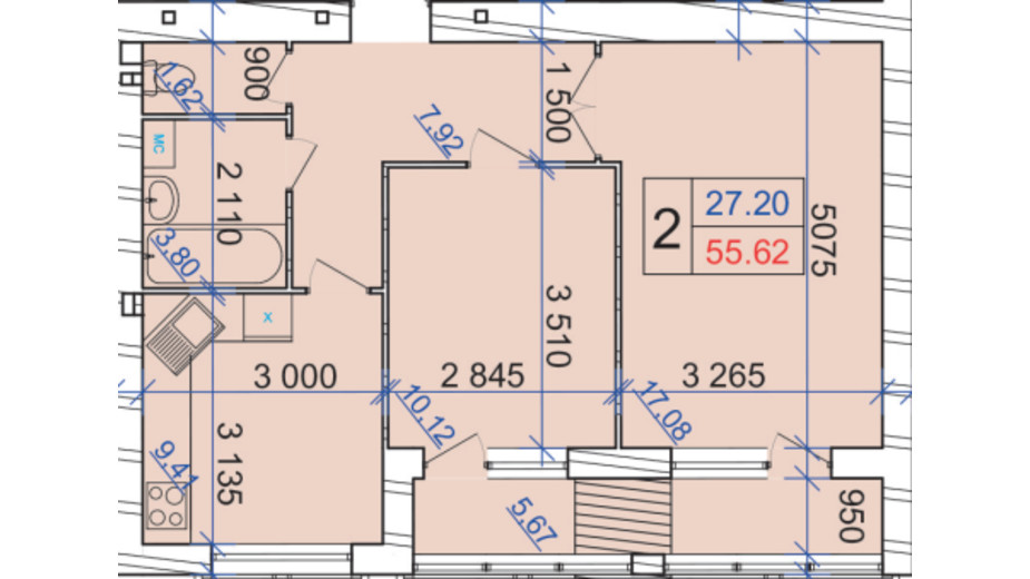 Планування 2-кімнатної квартири в ЖК Grand Royal 55.62 м², фото 388228