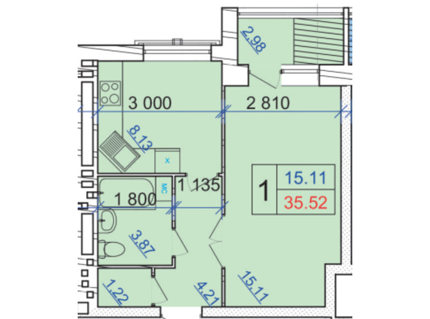 ЖК Grand Royal: планировка 1-комнатной квартиры 35.52 м²