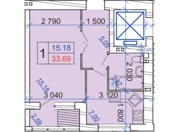 ЖК Grand Royal: планування 1-кімнатної квартири 33.69 м²