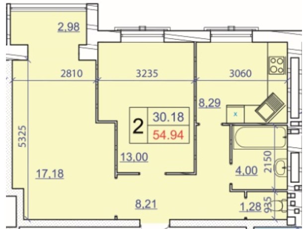 ЖК Grand Royal: планировка 2-комнатной квартиры 57.7 м²