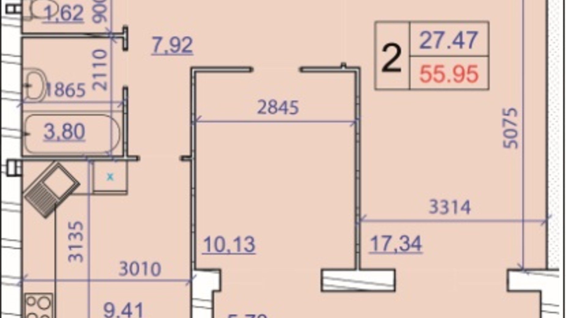Планування 2-кімнатної квартири в ЖК Grand Royal 56.86 м², фото 388456