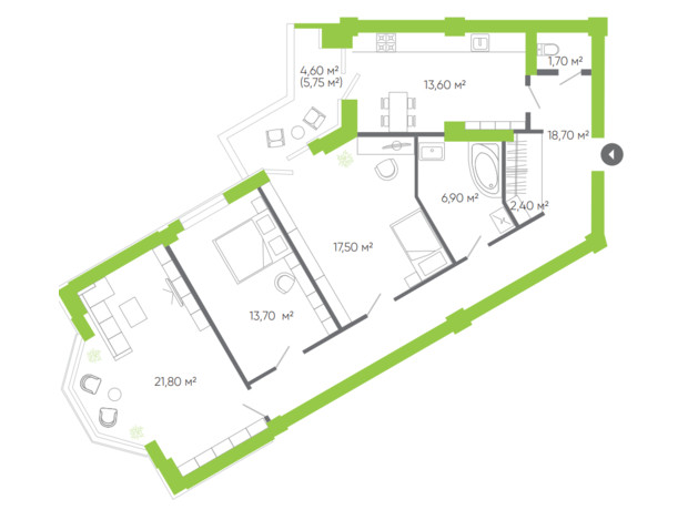 ЖК Оселя парк: планировка 3-комнатной квартиры 104.4 м²