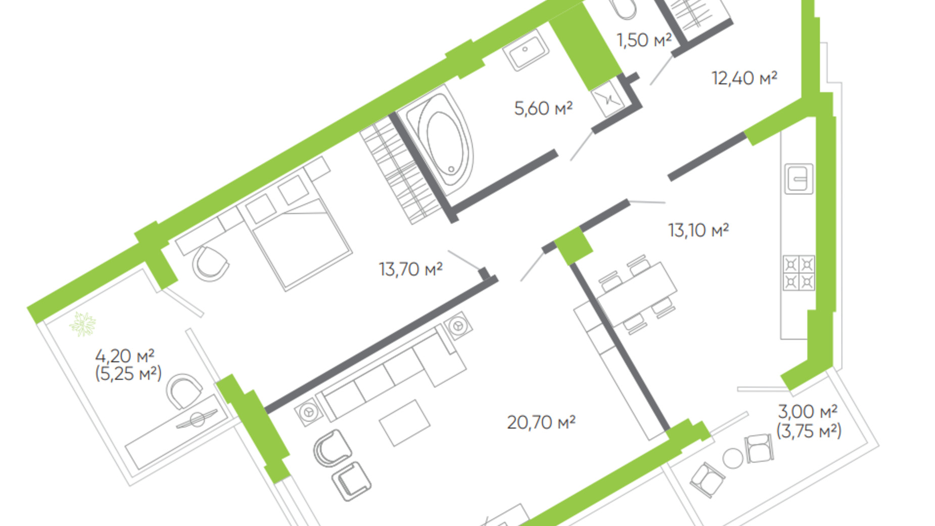 Планировка 2-комнатной квартиры в ЖК Оселя парк 77.7 м², фото 388486