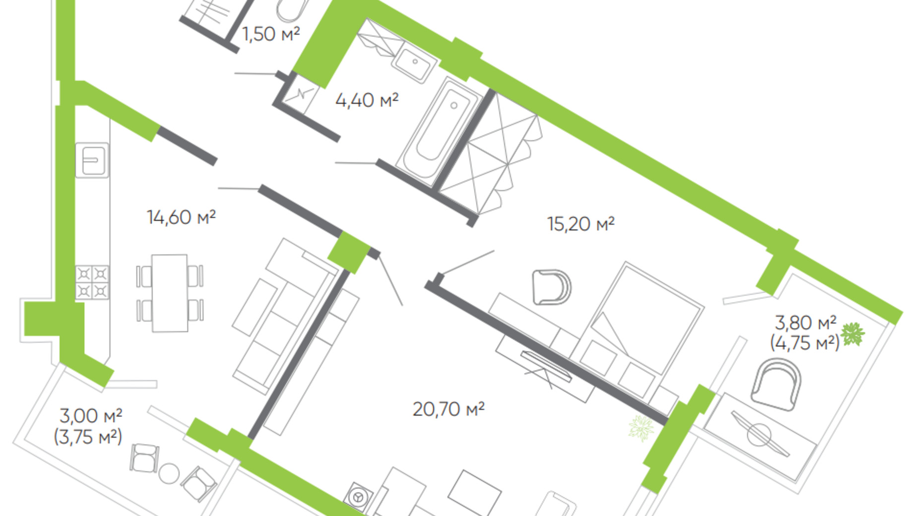 Планування 2-кімнатної квартири в ЖК Оселя парк 80.5 м², фото 388493