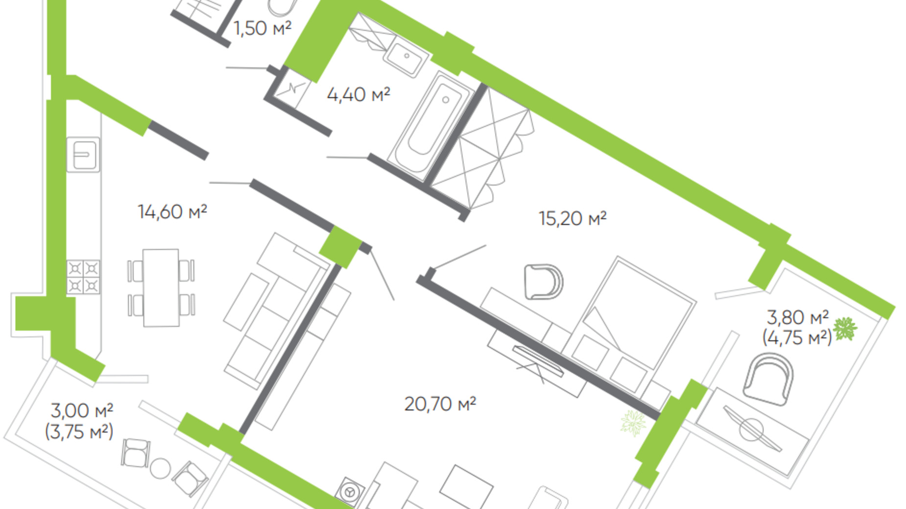 Планировка 2-комнатной квартиры в ЖК Оселя парк 80.9 м², фото 388510