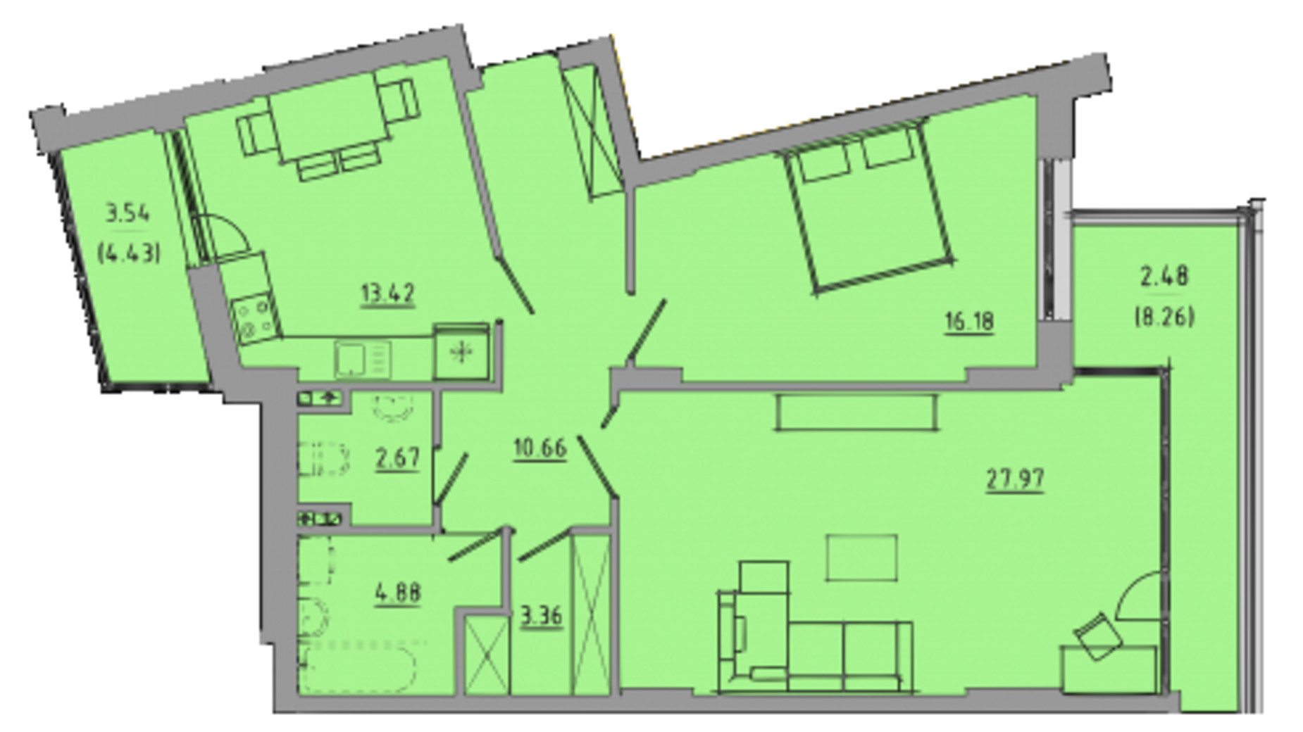 Планування 2-кімнатної квартири в ЖК Централ Хол 85.2 м², фото 388554