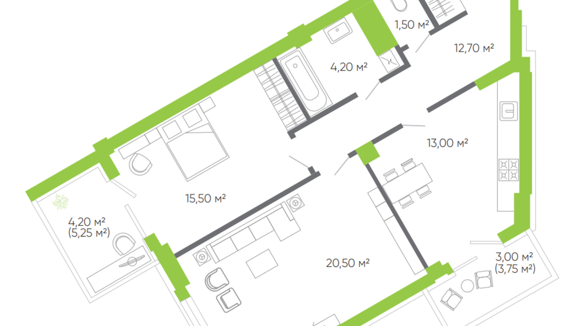 Планування 2-кімнатної квартири в ЖК Оселя парк 78.2 м², фото 388555