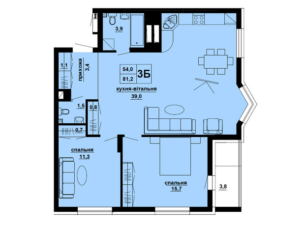 ЖК Варшавський мікрорайон, 8 черга: планування 3-кімнатної квартири 81.2 м²