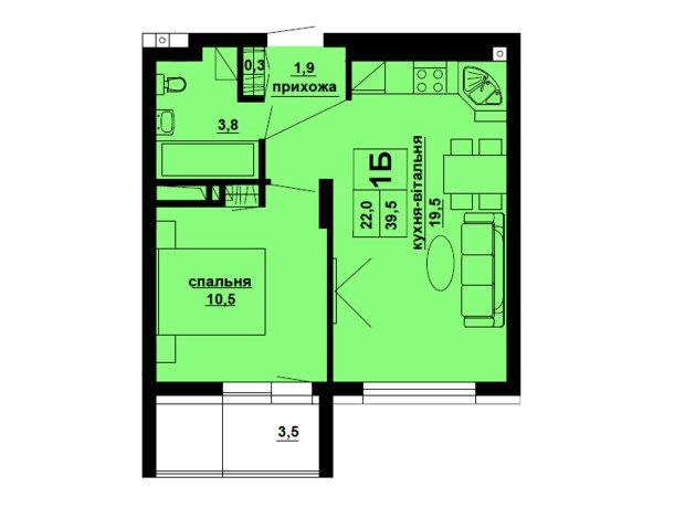 ЖК Варшавский микрорайон, 8 очередь: планировка 1-комнатной квартиры 39.5 м²