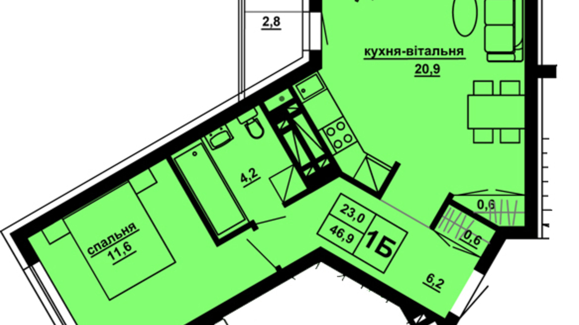Планировка 1-комнатной квартиры в ЖК Варшавский микрорайон, 7 очередь 46.9 м², фото 388614