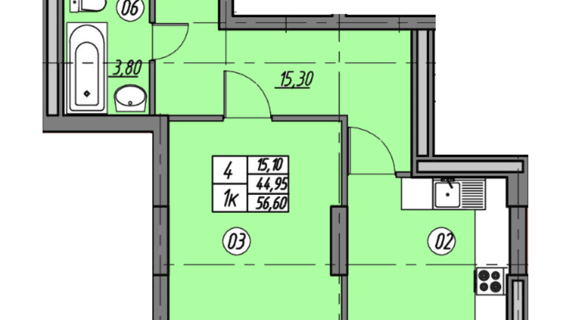 Планировка 1-комнатной квартиры в ЖК Набережна Вежа 56.6 м², фото 388650