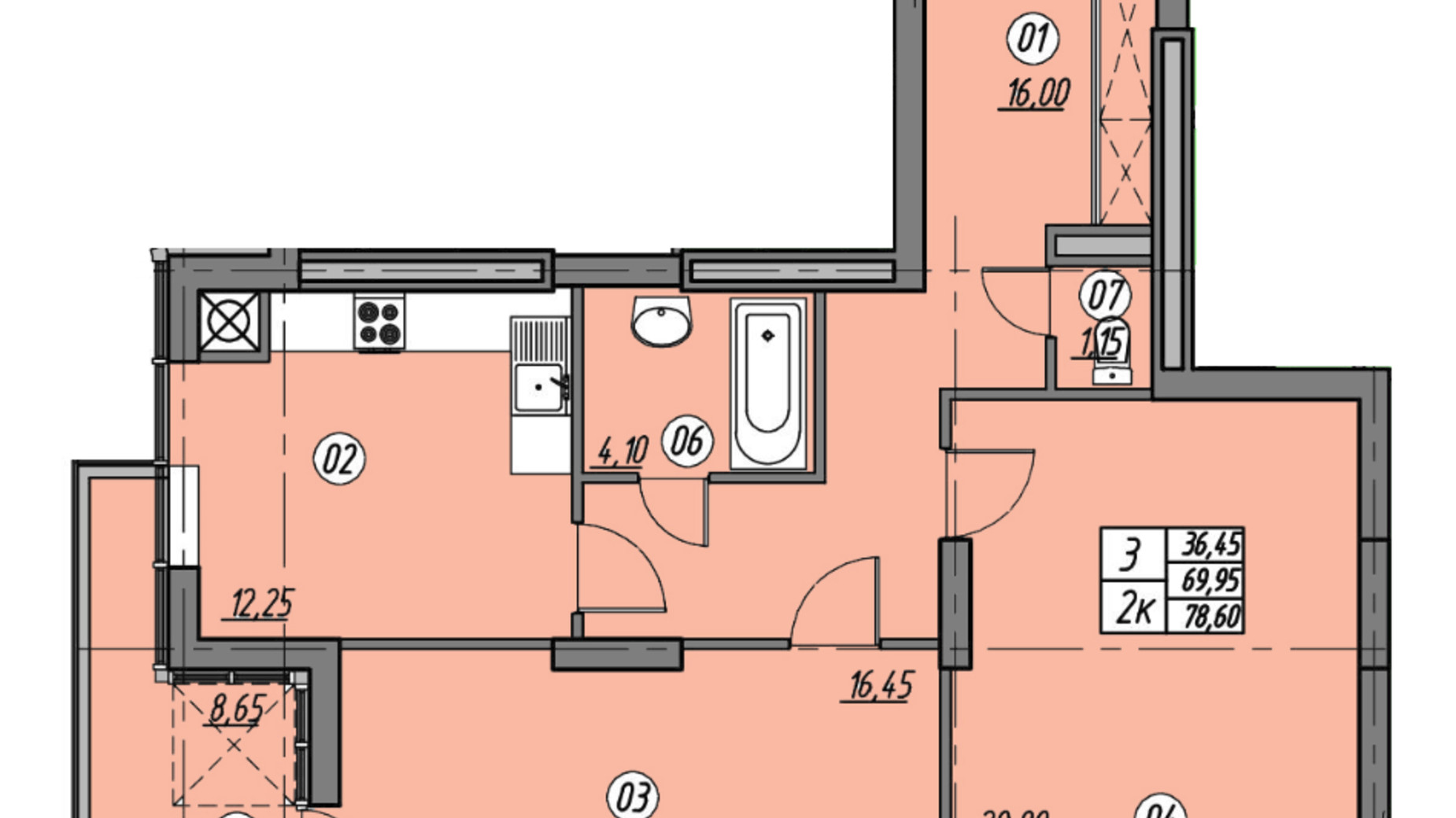 Планировка 2-комнатной квартиры в ЖК Набережна Вежа 78.6 м², фото 388657