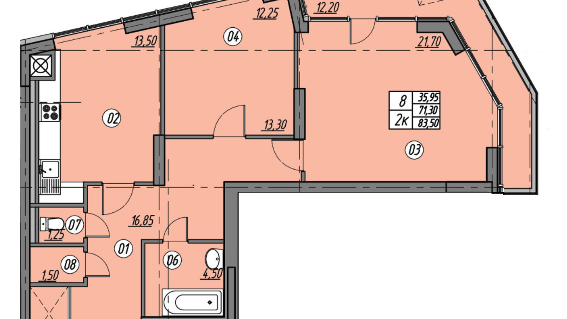 Планировка 2-комнатной квартиры в ЖК Набережна Вежа 83.5 м², фото 388658