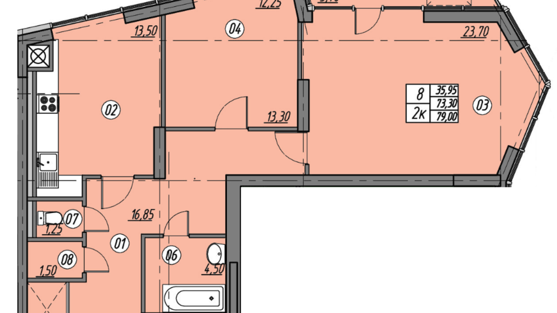 Планировка 2-комнатной квартиры в ЖК Набережна вежа 79 м², фото 388659