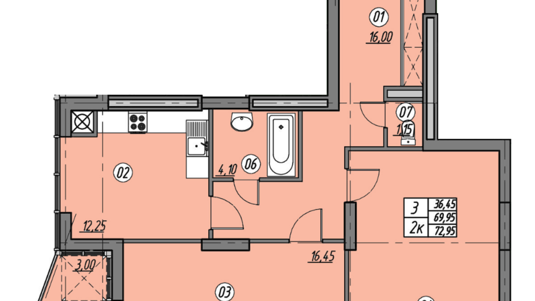 Планировка 2-комнатной квартиры в ЖК Набережна Вежа 72.95 м², фото 388660