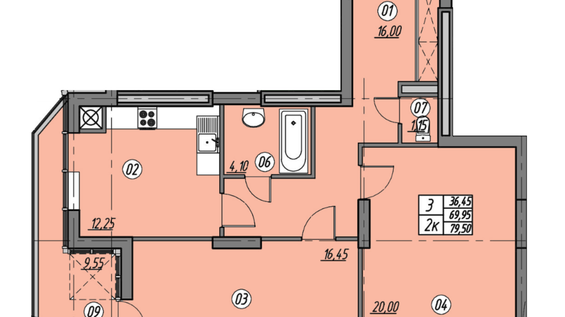 Планировка 2-комнатной квартиры в ЖК Набережна Вежа 79.5 м², фото 388661