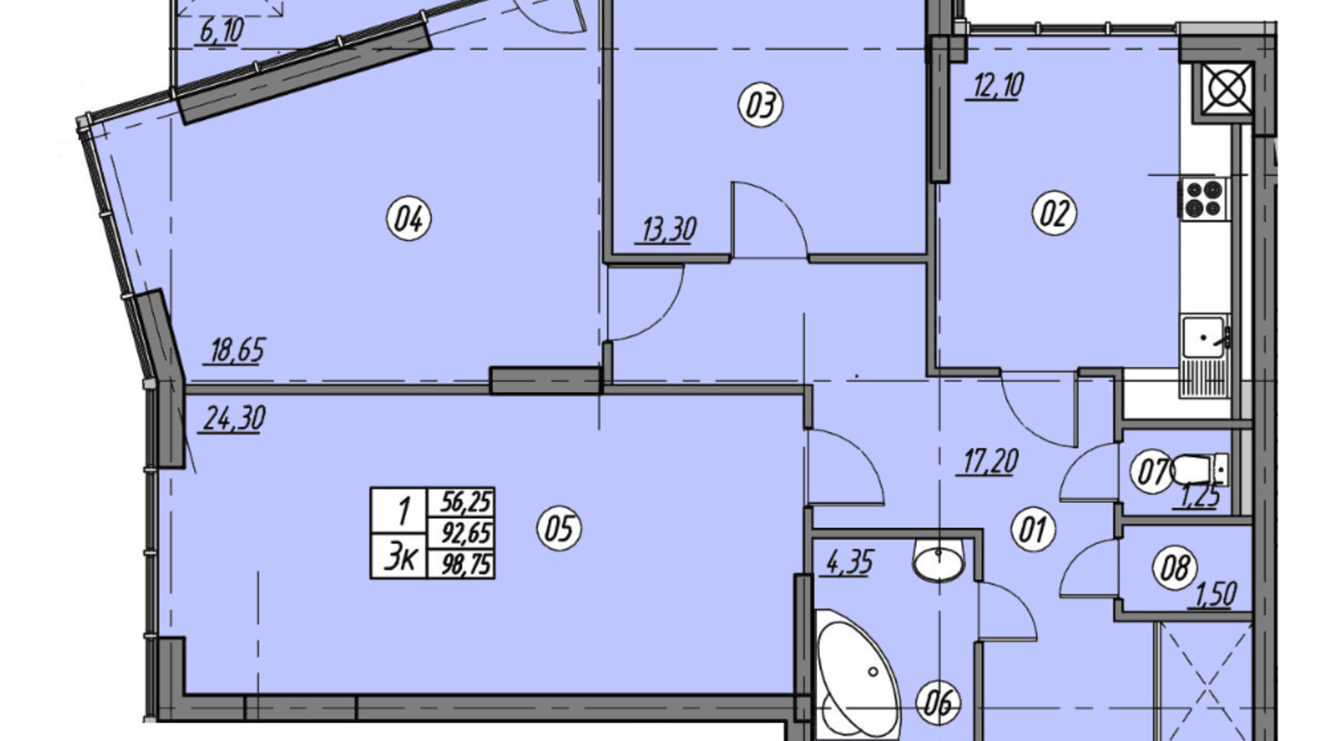 Планировка 3-комнатной квартиры в ЖК Набережна Вежа 98.75 м², фото 388662