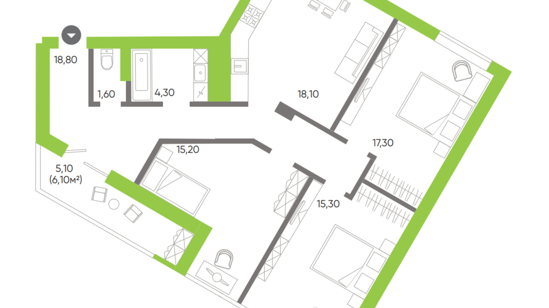 Планировка 3-комнатной квартиры в ЖК Оселя парк 99.7 м², фото 388688