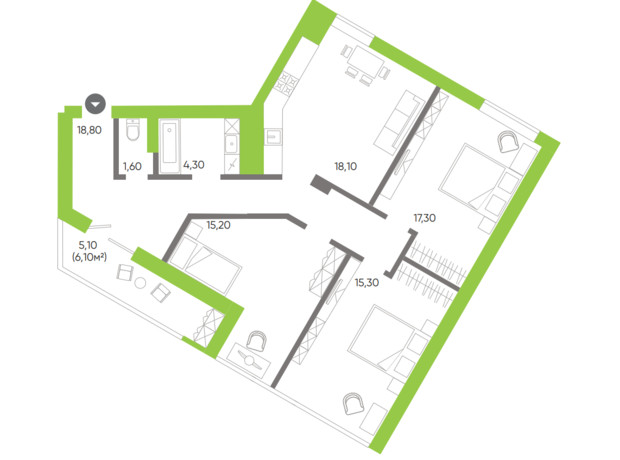 ЖК Оселя парк: планировка 3-комнатной квартиры 95.7 м²