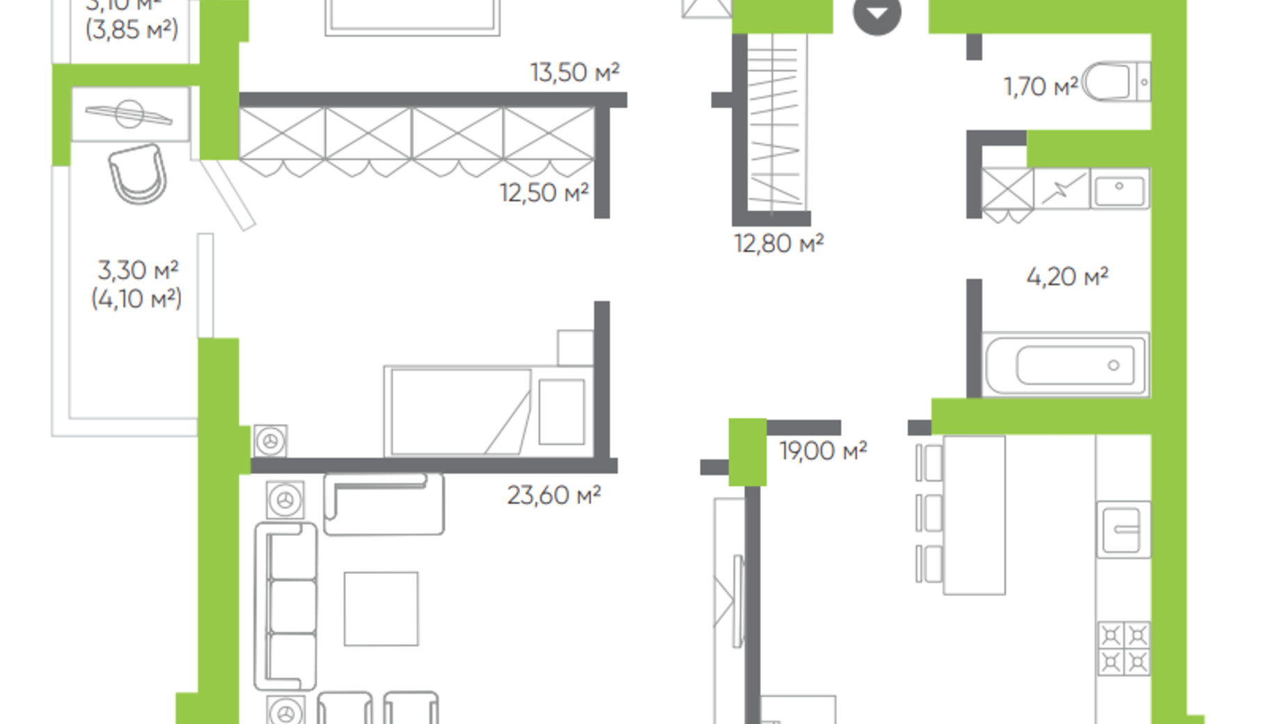 Планування 3-кімнатної квартири в ЖК Оселя парк 96.2 м², фото 388695