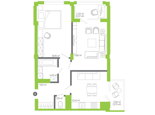 ЖК Оселя парк: планировка 2-комнатной квартиры 75.5 м²