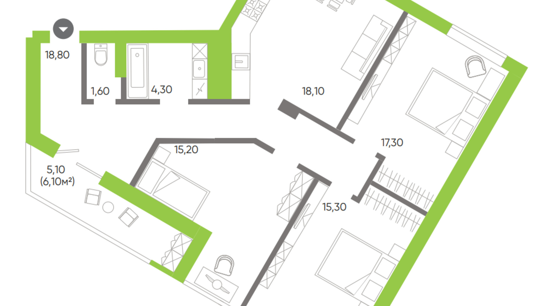 Планування 3-кімнатної квартири в ЖК Оселя парк 100.2 м², фото 388702